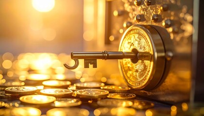 Vintage Key Inserting Into Safe Lock Surrounded By Golden Coins