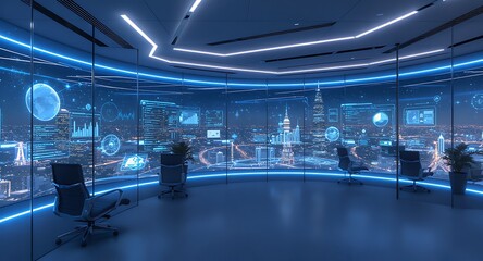 Futuristic Office Interior with Panoramic City View at Night and Interactive Holographic Displays; Modern Corporate Workspace with Blue Neon Lighti...