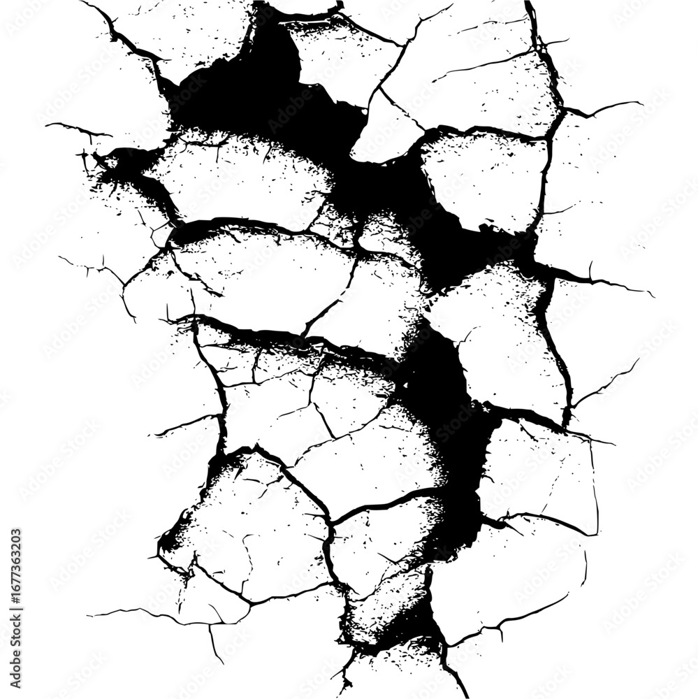 Poster detailed monochrome image featuring a central crack pattern with smaller cracks spreading outwards o