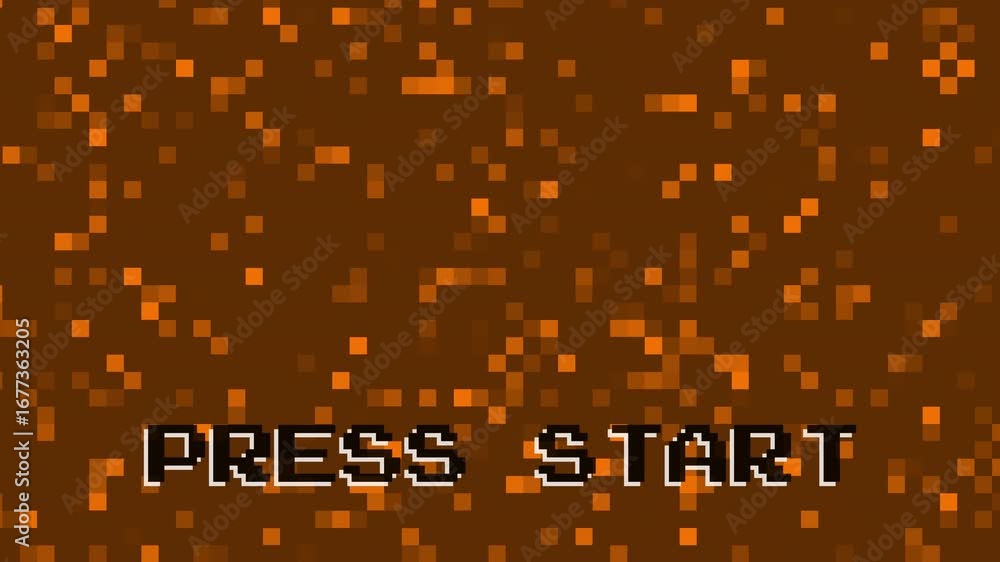 Poster press start pixel art screen – retro 8 bit arcade game animation. retro 8 bit game animation