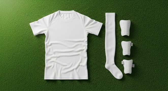 Blank White Soccer Jersey, Socks, and Shin Guards on Green Field
