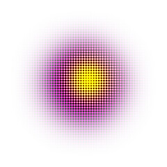Abstract purple yellow dotted halftone geometric round shape isolated on transparent background. Comic, pop art element.
