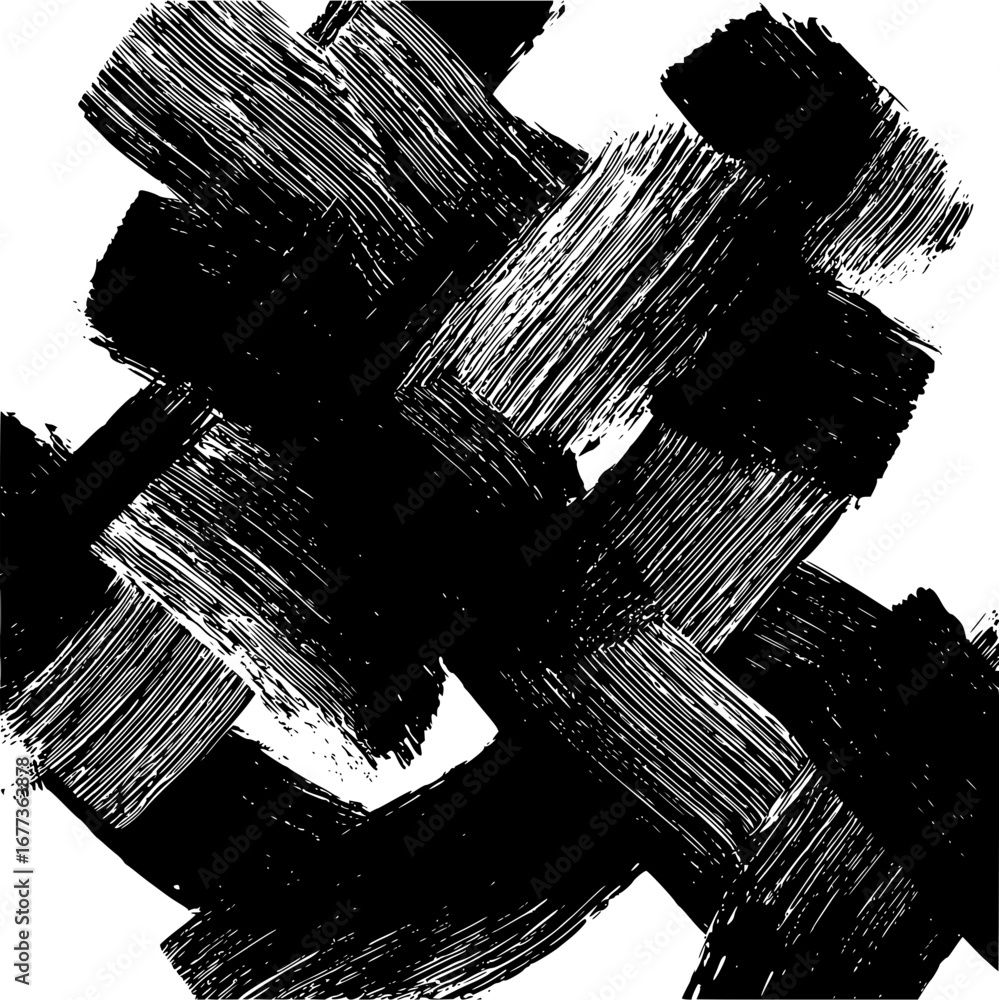 Poster abstract black and white background with overlapping brush strokes creating a dynamic and textured p