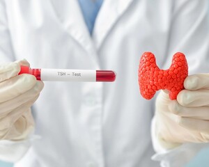 Endocrinologist holding a blood sample for a TSH test and an anatomical model of the human thyroid...