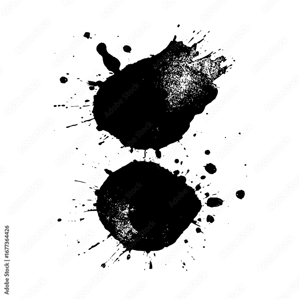 Poster two black ink blots with splatters and texture on a white background creating an abstract design eff