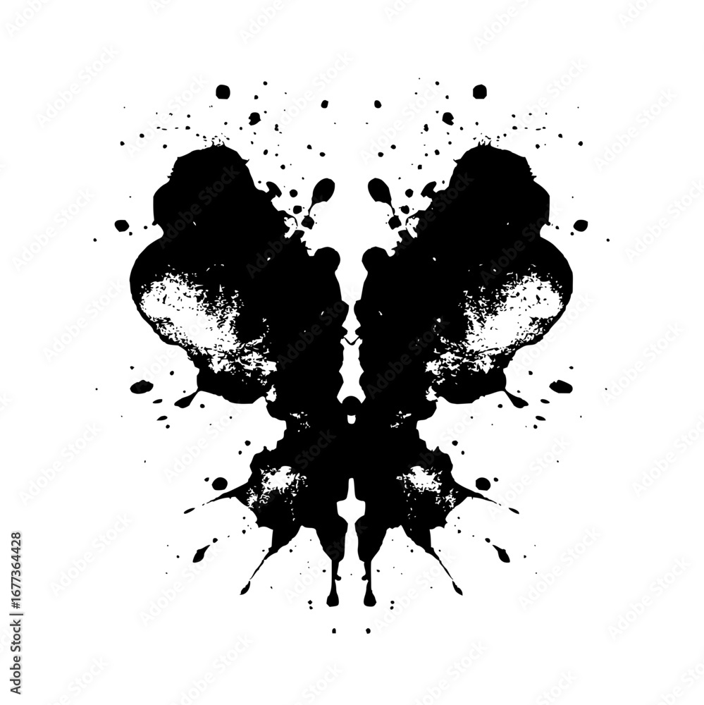 Poster symmetrical ink blot with splatters and butterfly shape in black and white rorschach test style imag