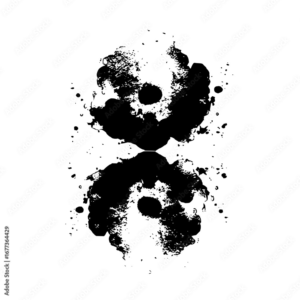 Poster symmetrical black ink blot with splatters and grainy texture on a white background creating an abstr