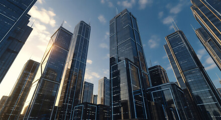 Obraz premium 近未来的なガラス張りの高層ビル群と青空の都市風景