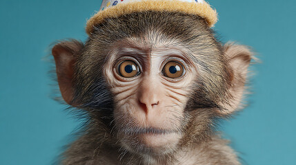Monkey celebrates birthday wearing a party hat against a blue background