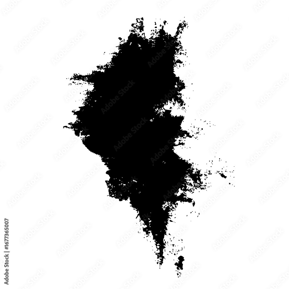 Poster abstract black ink blot with rough edges and a pointed tip on a plain white background in a simple d