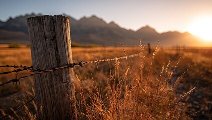 Weathered wooden fence post with barbed wire in a sun-drenched field, mountains silhouetted in the golden hour sunset