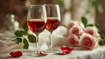 Romantic evening with wine glasses and rose petals on a soft background