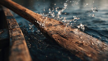 Close-up of weathered wooden oars splashing in dark water, creating dynamic water droplets and ripples