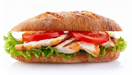 grilled chicken sandwich with lettuce and tomatoes isolated on white background