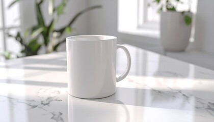 Blank white ceramic mug on a bright marble counter, illuminated by natural light from a window, creating soft shadows, with blurred green plants in the serene background