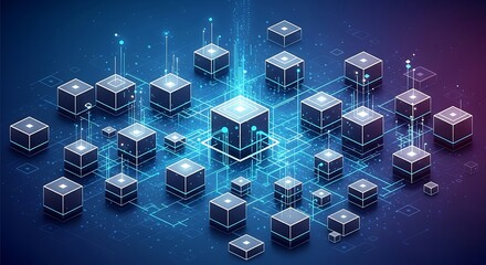 Futuristic Digital Network: Interconnected Glowing Cubes Representing Data Flow, Blockchain Technology, and Distributed Computing