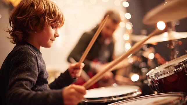 Drumming lesson - A young student sitting at a drum set with a teacher guiding their hand on the drumstick, bright music classroom background, warm lighting