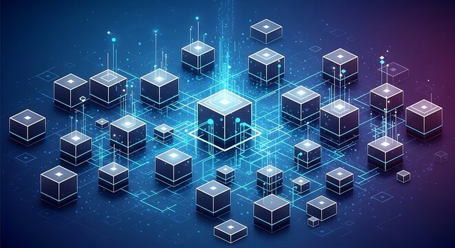Futuristic Digital Network: Interconnected Glowing Cubes Representing Data Flow, Blockchain Technology, and Distributed Computing - Powered by Adobe