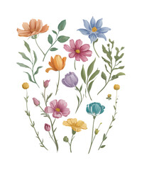 A stylized illustration of a colorful flower arrangement in a black vase