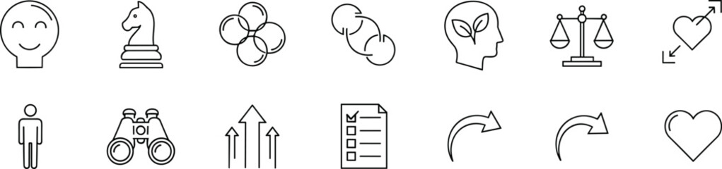 Strategy, happiness, teamwork, growth, justice, love, observation, checklist, progress, care, planning, icon set, abstract, mental, eco, network, vision, fairness, expansion, organization