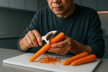 Man peeling fresh carrots in modern kitchen with white cutting board, preparing healthy vegetables for cooking and meal prep