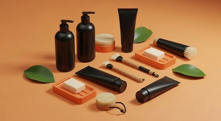 Obraz premium Black Skincare Bottles and Brushes Arrangement