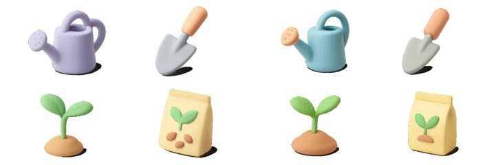 Colorful gardening tools and plant growth models arranged on a clean background for educational purposes
