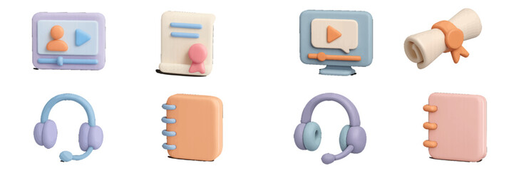 Colorful educational icons representing various online learning activities and resources in a creative style