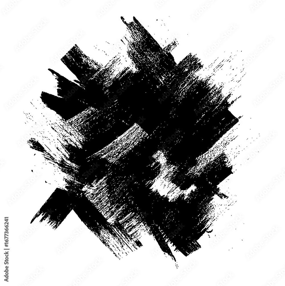 Poster abstract black brush strokes forming a textured shape on a white background creating a grunge look a