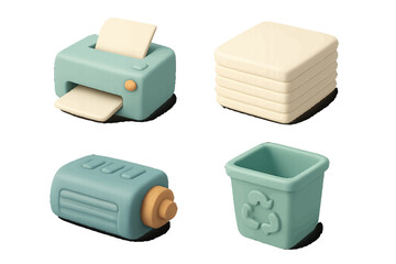Small office supplies on a white background showing a printer, stack of paper, tape dispenser, and recycling bin