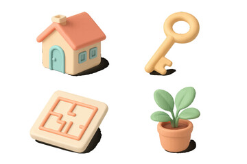 Colorful home-related objects including a house, key, puzzle piece, and plant displayed together in a creative layout