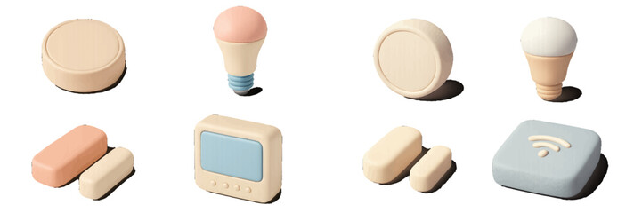 Colorful and minimalist 3D buttons and light bulbs in soft hues on a white background
