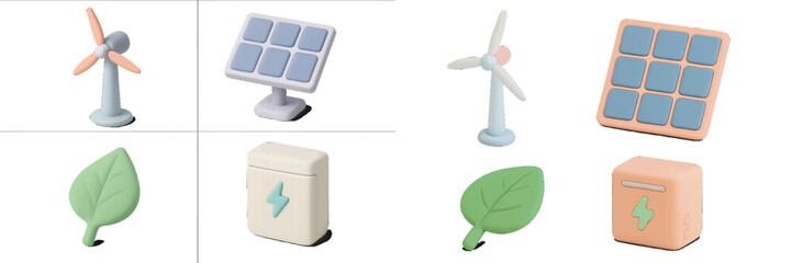 Eco-friendly energy models showcasing solar panels, wind turbines, and battery storage in a creative arrangement