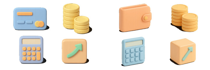 Colorful 3D illustrations of financial items including coins, cards, and calculators on a white background