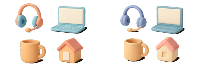 Colorful collection of clay models showing tech gadgets and home items on a white background