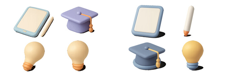 Colorful educational tools featuring graduation caps, light bulbs, and drawing materials in a creative arrangement