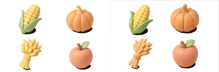 Colorful clay representations of autumn harvest including corn, pumpkins, apples, and wheat arranged in a creative display
