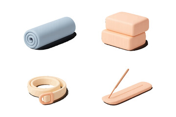Home yoga essentials displayed on a clean surface showcasing a block, mat, strap, and incense holder for a serene practice