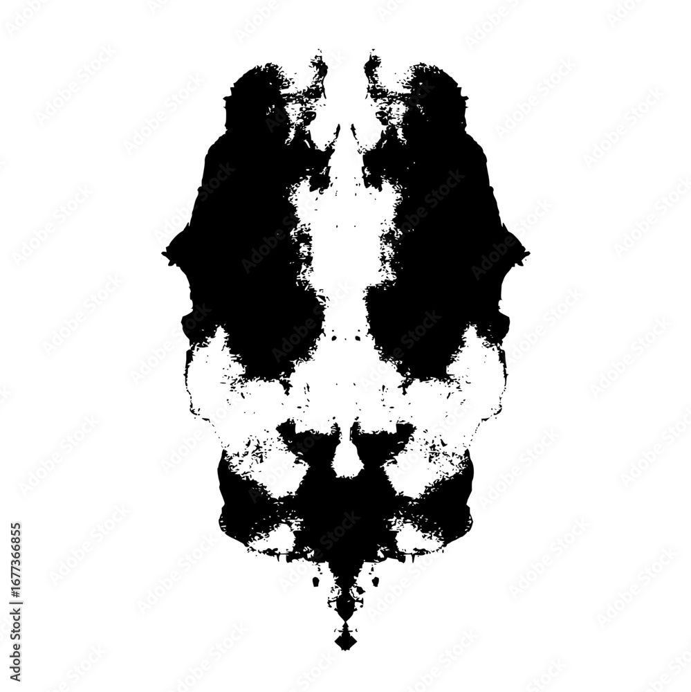 Poster symmetrical ink blot with abstract patterns resembling a face or mask in black and white ink splatte