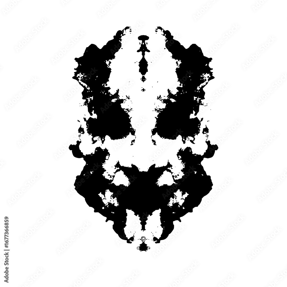 Poster abstract symmetrical black ink blot pattern on white background suggestive of a rorschach test image