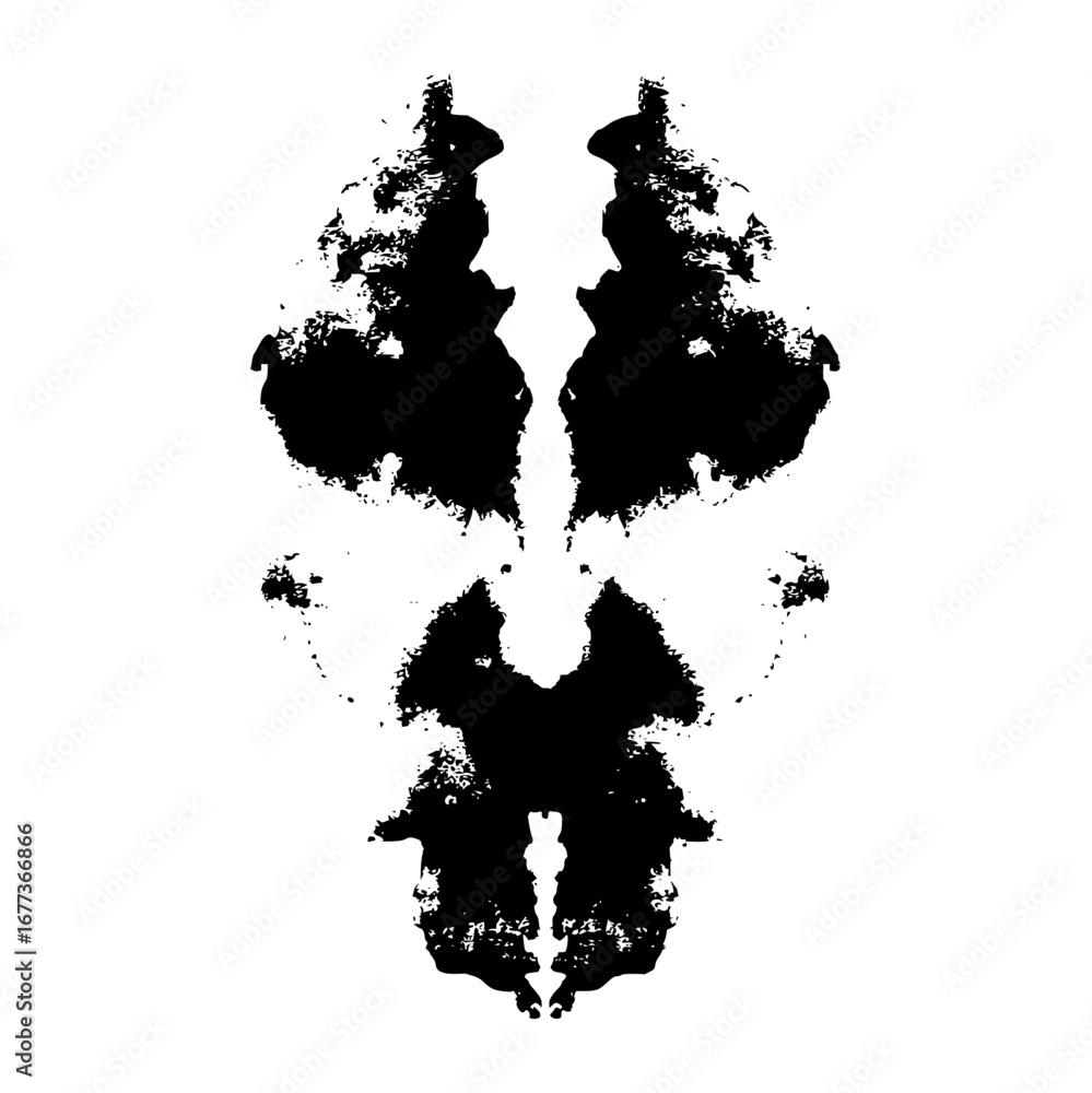 Poster symmetric black ink blot with a complex pattern resembling a butterfly or abstract figure art form d