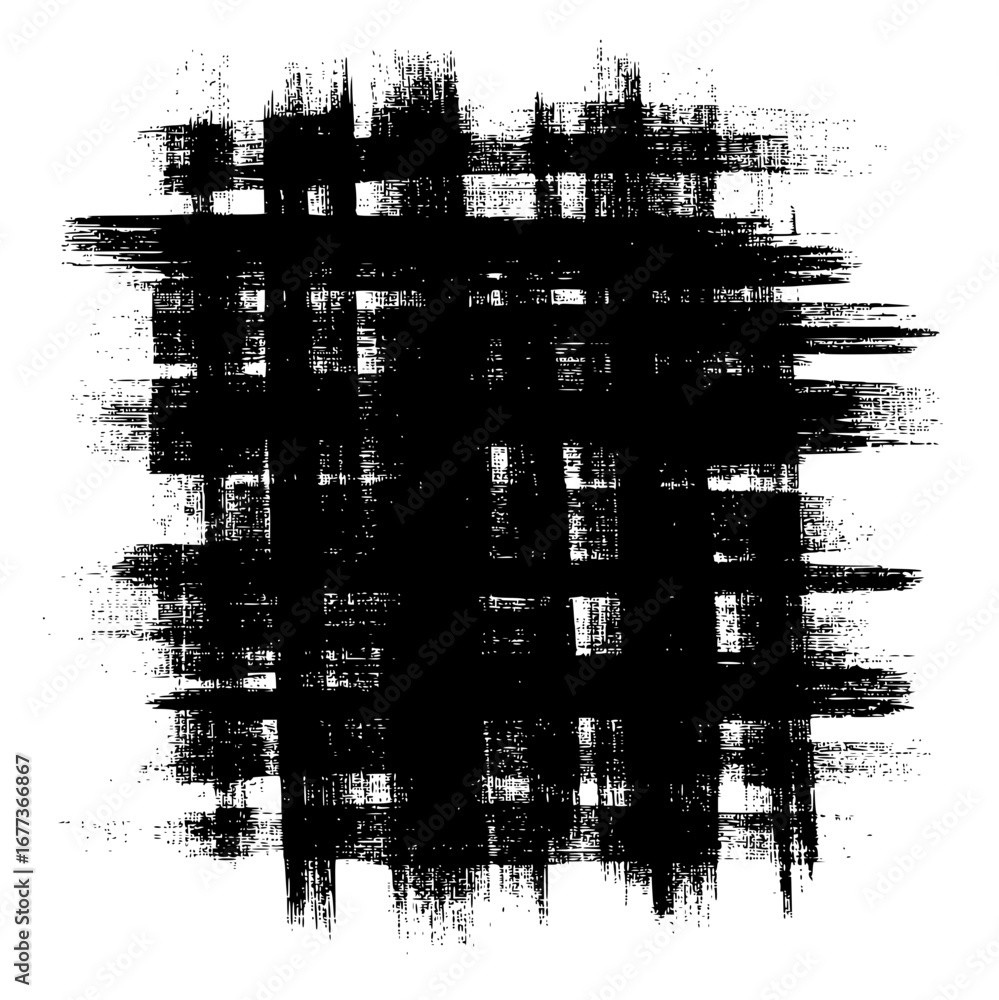 Poster abstract black and white brush stroke pattern resembling a grid with rough edges and texture detail