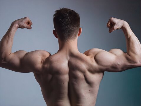 Muscular Man Flexing His Impressive Back and Bicep Muscles from a Rear View, Highlighting His Sculpted Physique and Dedication to Bodybuilding