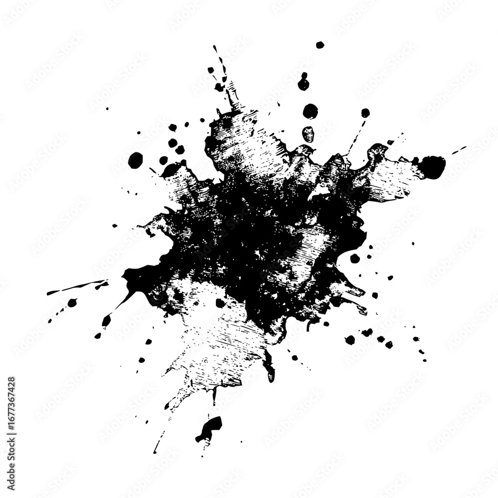 Poster monochrome ink splatter with detailed texture and scattered droplets on a white background in a grun