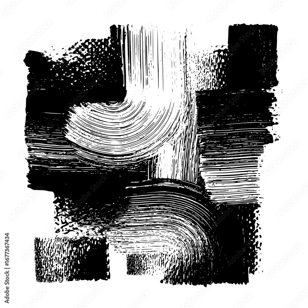 Poster abstract black and white brush strokes with curved lines and rectangular shapes creating a bold desi