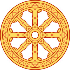 Thai Dhamma Wheel (dhammacakka), Southeast Asian style Theravada Buddhism symbol. Ornate golden design. Isolated vector clip art illustration.