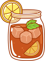 Iced tea drink with lemon and mint in mason jar. Cute cartoon vector clip art illustration, doodle style drawing.
