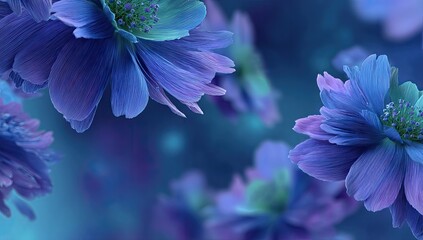 Dreamy, ethereal blue and purple flowers float against a soft, blurred backdrop of similar hues, creating a tranquil and serene atmosphere