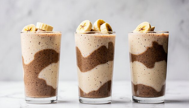 Three glasses filled with a layered dessert featuring a creamy base topped with chocolate sauce and banana slices, set against a light background
