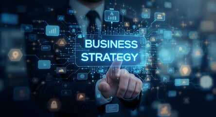 Executive Hand Touching "BUSINESS STRATEGY" on Futuristic Digital Interface with Glowing Icons for Corporate Planning & Innovation